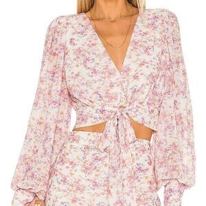 Yumi Kim Floral Tie Front Top M Puff Sleeve Romantic Cottagecore Blouse Revolve